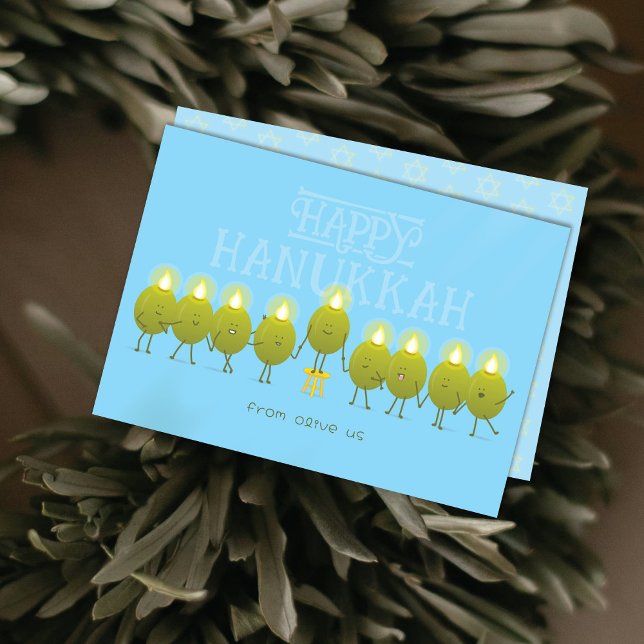 Cartão De Festividades Hanukkah Menorah Olives | Baby Blue Group (Criador carregado)