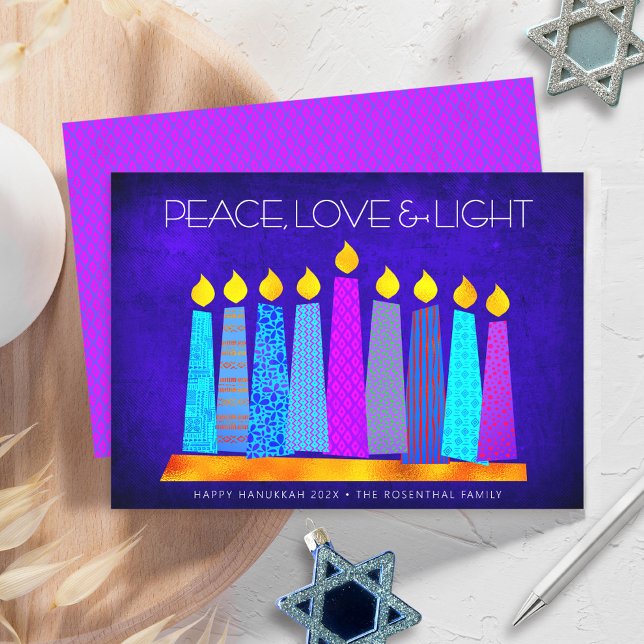 Cartão De Festividades Hanukkah Modern Boho Vela Paz Amor Azul (Criador carregado)