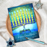 Cartão De Festividades Hanukkah Na moda Blue Green Menorah no Teal Flat<br><div class="desc">"Feliz Hanukkah". Uma ilustração detalhada de um menorah de arte azul brilhante, colorido, em um fundo azul-lacrimogêneo texturizado o ajuda a lançar o feriado de Chanucá. Sinta o calor e a alegria da temporada de férias sempre que você envia este cartão chanucá chato e colorido. Comparar envelopes, adesivos, sacos de...</div>