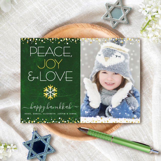 Cartão De Festividades Hanukkah Peace Joy Love Snowflake Green Photo Flat (Criador carregado)