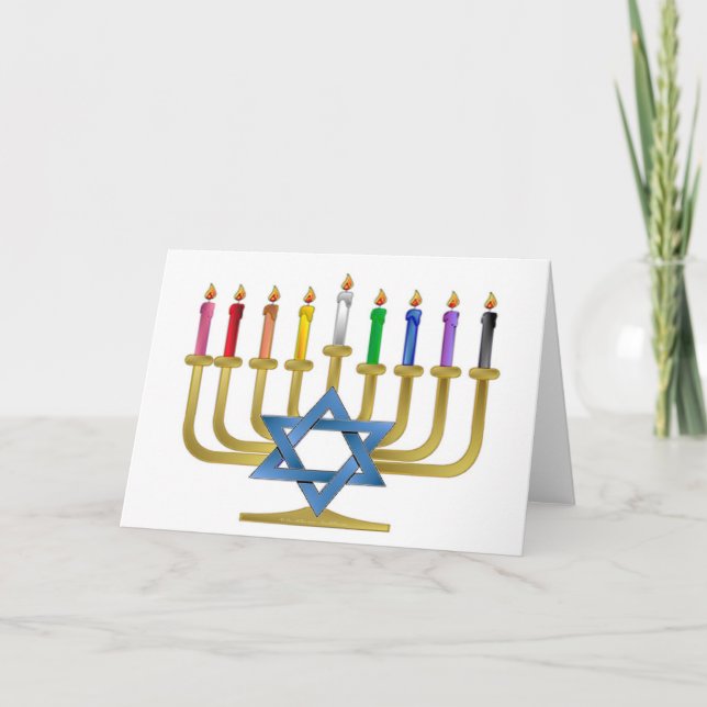 Cartão De Festividades Hanukkah Rainbow Candles Dourados Menorah (Frente)
