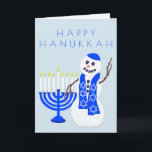 Cartão De Festividades Hanukkah Snowman Personalizado Por Toda A Impressã<br><div class="desc">Esta placa de saudação personalizada do Homem de Neve Hanukkah oferece espaço para personalizar com seu nome e um personalizado por todo o impressão dentro com menorras azuis pálidas e padrão Star Of David. A opção de adicionar o(s) seu(s) nome(s) como uma "assinatura" impressa é fácil de remover se desejar....</div>
