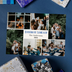 Cartão De Festividades Hanukkah Typografia Foto da família azul Colagem