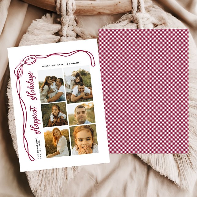 Cartão De Festividades Happiest Holidays Bow Family 6 Photos Plaid (Criador carregado)