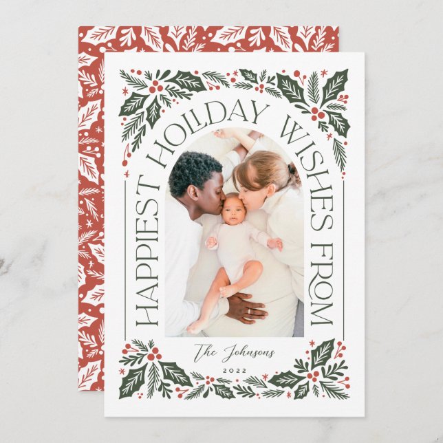 Cartão De Festividades Happiest Wish Arch Holly Berry 3 Photo Collage (Frente/Verso)