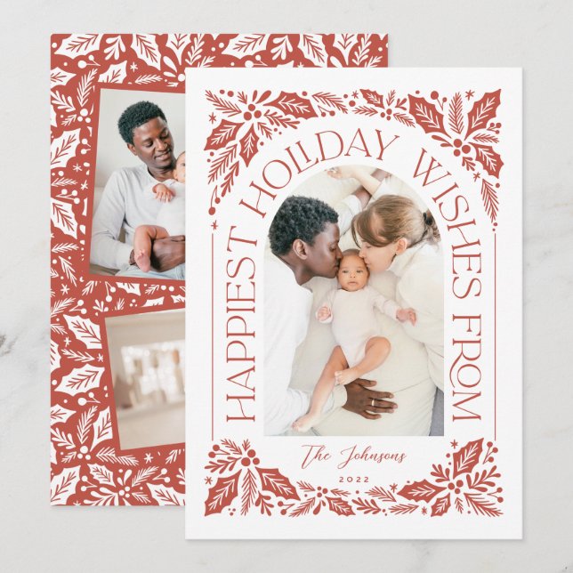 Cartão De Festividades Happiest Wish Arch Holly Berry 3 Photo Collage (Frente/Verso)