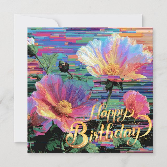 Cartão De Festividades Happy Birthday beautiful neon flowers card (Frente)