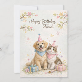 Cartão De Festividades Happy Birthday Friend Card | Cute Cat & Dog Best F