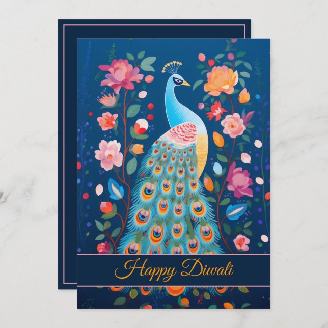 Cartão De Festividades Happy Diwali Peacock & Flowers (Frente/Verso)