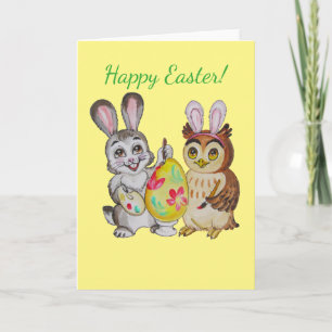 Cartão De Festividades Happy Easter Bunny and Owl painting egg