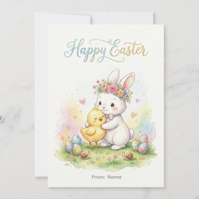 Cartão De Festividades Happy Easter Bunny & Chick Hug (Frente)