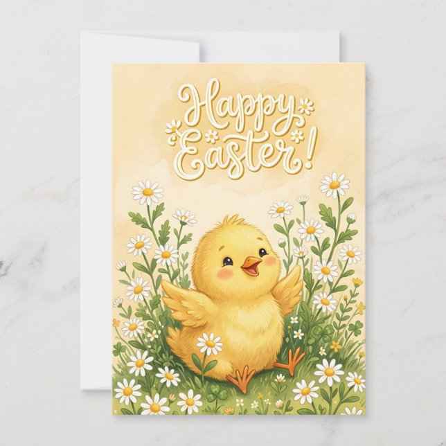 Cartão De Festividades Happy Easter Chick Surrounded by Daisies (Frente)