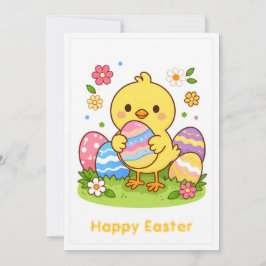 Cartão De Festividades Happy Easter Cute Baby Chick Colorful Eggs Spring 