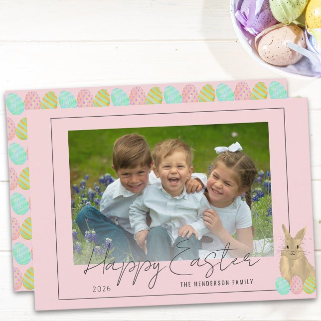 Cartão De Festividades Happy Easter Cute Bunny Family Photo Pink (Modern Watercolor Easter bunny and eggs happy Easter photo holiday flat card)