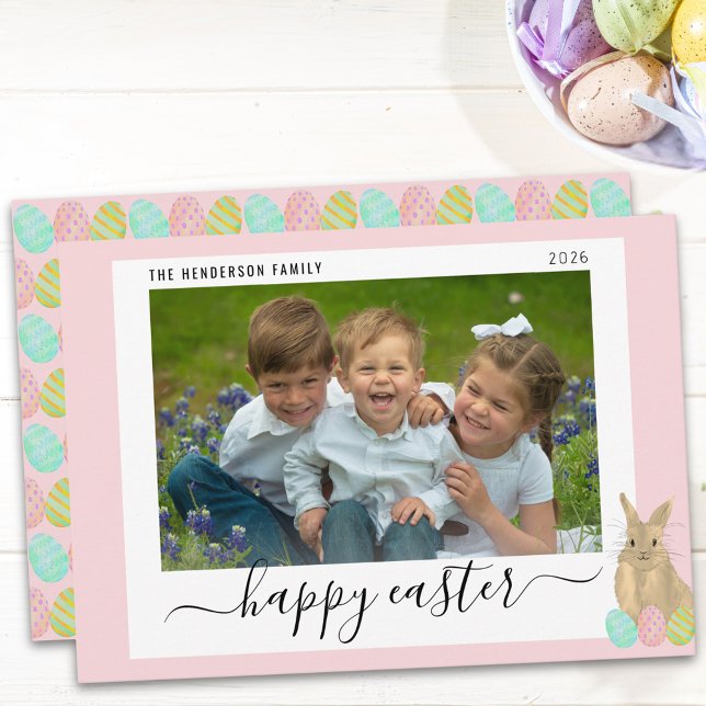 Cartão De Festividades Happy Easter Cute Bunny Kids Photo Pink (Cute Easter bunny kids photo pink holiday card whimsical Elegant script)