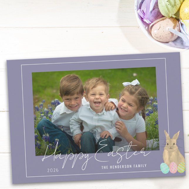 Cartão De Festividades Happy Easter Cute Bunny Photo Holiday Card (Watercolor Cute bunny happy Easter photo greetings flat card)