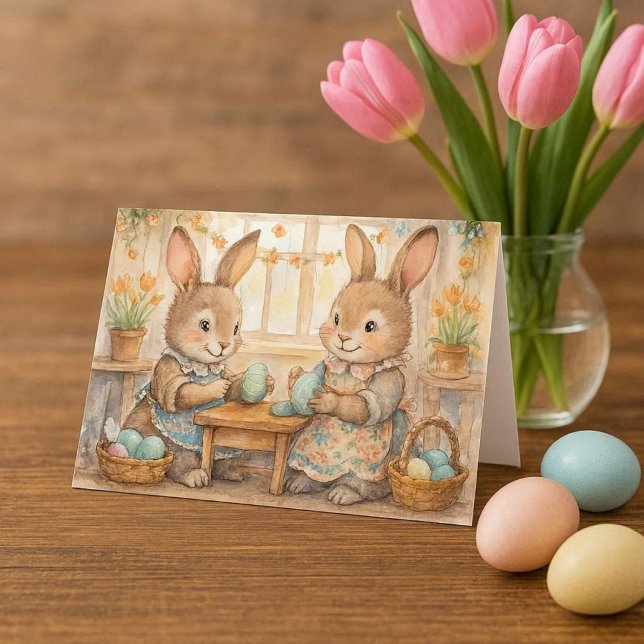 Cartão De Festividades Happy Easter Cute Easter Bunnies & Eggs  (sweet Easter bunnies coloring eggs. mockup )