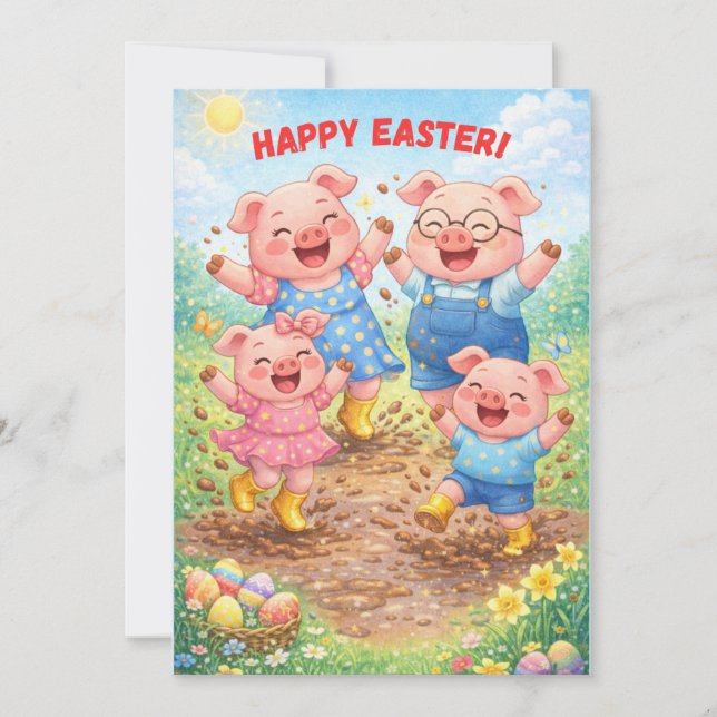 Cartão De Festividades Happy Easter Cute Funny Pigs Spring Holiday (Frente)