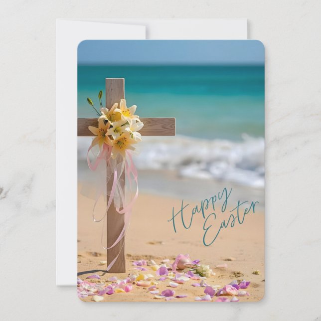 Cartão De Festividades Happy Easter from Florida Cross & Lilies on Beach (Frente)