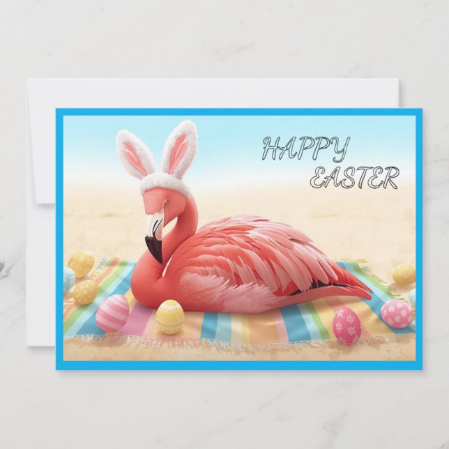 Cartão De Festividades Happy Easter from Florida Flamingo Bunny on Beach (Frente)