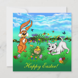 Cartão De Festividades Happy Easter! Rabbit, Chick and Puppy