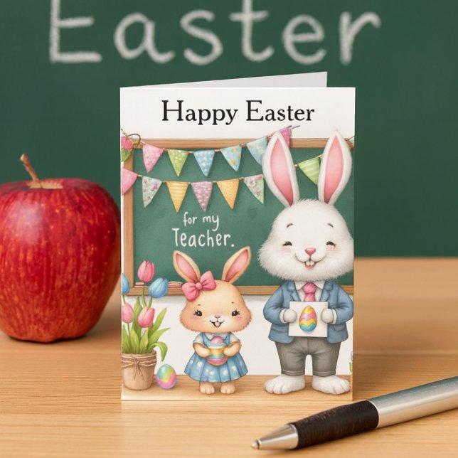 Cartão De Festividades Happy Easter Teacher From Kids  (Sweet Easter card for teacher with bunnies, chalkboard, tulips, and festive classroom charm.)