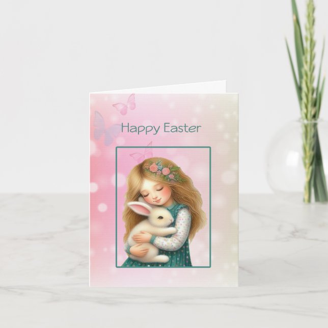 Cartão De Festividades Happy Easter with Cute Girl and Bunny Card (Frente)