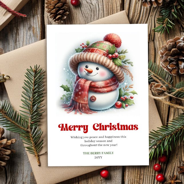 Cartão De Festividades Happy editable funny snowman red green gold card (Happy editable funny snowman red green gold card)