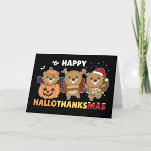 Cartão De Festividades Happy Hallothanksmas Beaver Holly