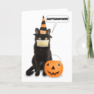 Cartão De Festividades Happy Halloween Cat Talking Through Face Mask