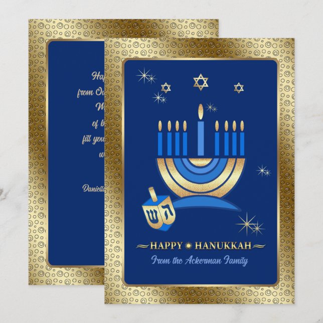 Cartão De Festividades Happy Hanukkah. Gold Menorah & Dreidel Card (Frente/Verso)