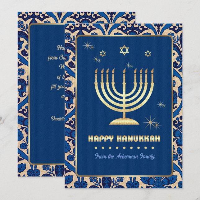 Cartão De Festividades Happy Hanukkah. Gold Menorah Flat Cards (Frente/Verso)