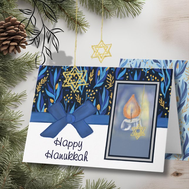 Cartão De Festividades Happy Hanukkah Rich Blue & Gold Foliage & Candle (Happy Hanukkah Rich Blue & Gold Foliage & Candle Holiday Card)