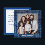 Cartão De Festividades 🕎 Happy Hanukkah, texto personalizado<br><div class="desc">O postal quadrado é um item delicioso e visualmente atraente, projetado com uma mistura harmoniosa de cores azul e branca. O tecido de fundo apresenta padrões judeus tradicionais, intrincados e elegantes, refletindo o patrimônio cultural e o artesanato artístico. Os motivos incluem designs geométricos, todos intricadamente tecidos ou impressos para criar...</div>