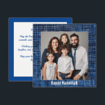 Cartão De Festividades 🕎 Happy Hanukkah, texto personalizado<br><div class="desc">O postal quadrado é um item delicioso e visualmente atraente, projetado com uma mistura harmoniosa de cores azul e branca. O tecido de fundo apresenta padrões judeus tradicionais, intrincados e elegantes, refletindo o patrimônio cultural e o artesanato artístico. Os motivos incluem designs geométricos, todos intricadamente tecidos ou impressos para criar...</div>
