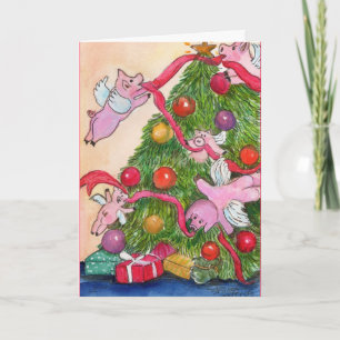 Cartão De Festividades Happy Holiday Flying Pigs DecorateTree
