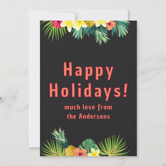 Cartão De Festividades Happy Holiday, Tropical flowers on black (Frente)