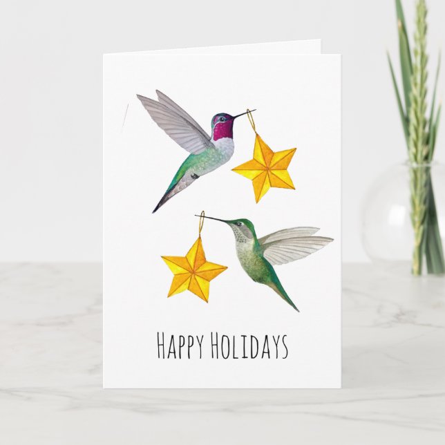 Cartão De Festividades Happy Holidays Anna's Hummingbirds and Stars  (Frente)