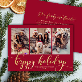 Cartão De Festividades Happy Holidays Gold Script 3 Photo Collage Red 