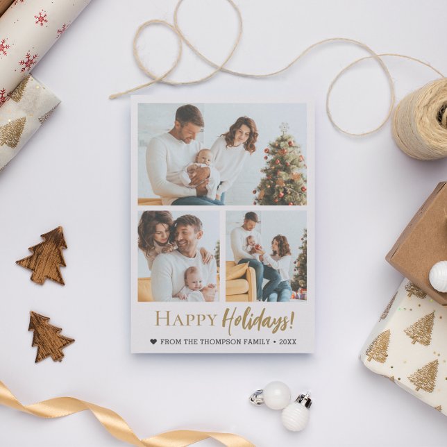 Cartão De Festividades Happy Holidays Gold Script 3 photos Christmas (Happy holidays 3 family photo Christmas card template Gold script.)