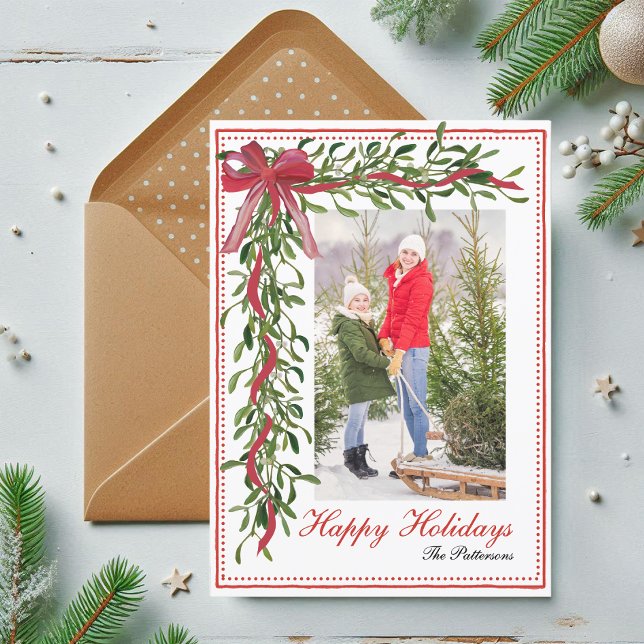 Cartão De Festividades Happy Holidays Mistletoe Red Bow Family Photo (Criador carregado)