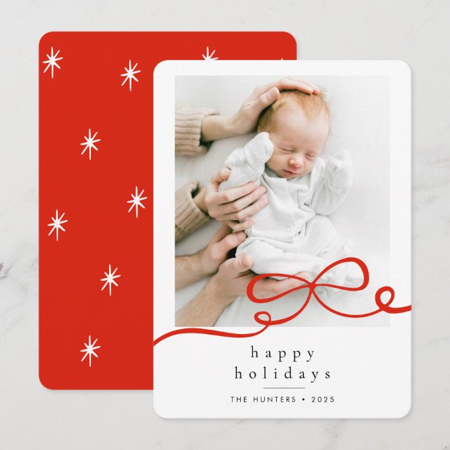 Cartão De Festividades Happy Holidays Simple Red Ribbon Photo Rounded (Frente/Verso)