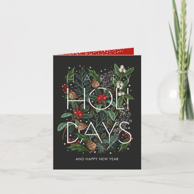 Cartão De Festividades Happy Holidays Typography Greenery Berries Folded (Frente)