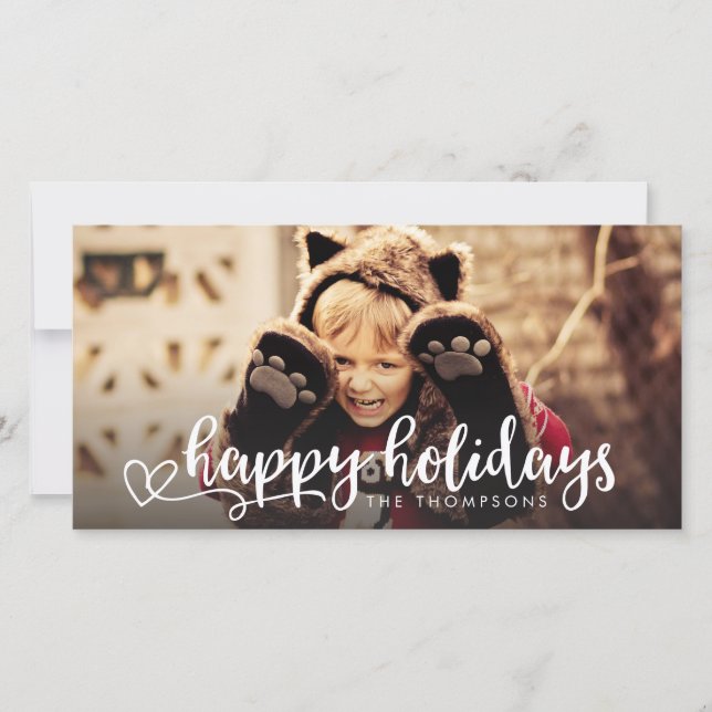 Cartão De Festividades Happy Holidays White Script Photo Overlay Greeting (Frente)