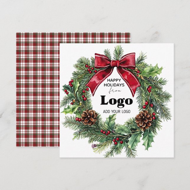Cartão De Festividades Happy Holidays Wreath Business Logo Bulk Custumer (Frente/Verso)