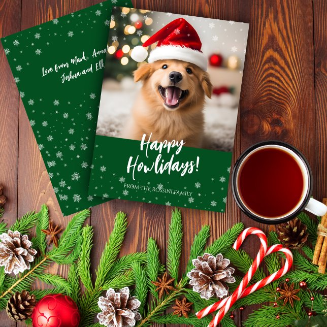 Cartão De Festividades Happy Howlidays Script Green Dog Photo (Happy howlidays pet dog christmas card with snow overlay)