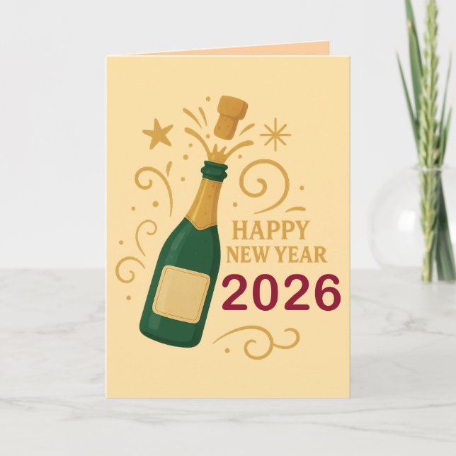 Cartão De Festividades Happy New Year 2026 Champagne | Greeting Card 5"x7 (Frente)