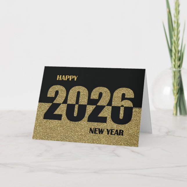 Cartão De Festividades Happy New Year 2026, Gold Glitter-Look & Black (Frente)