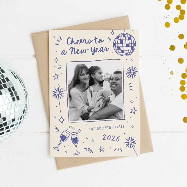 Cartão De Festividades Happy New Year 2026 Photo Blue (Blue New Year photo card with quirky hand-drawn doodles like fireworks and stars)