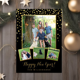Cartão De Festividades Happy New Year Black & Gold Confetti Photo Collage
